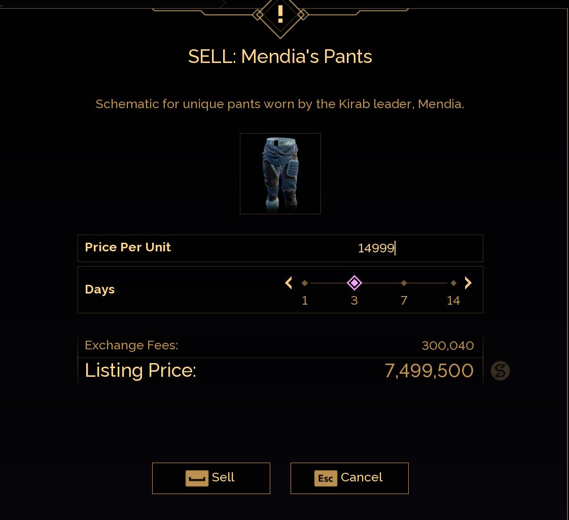 Bubblingkettle's tweet photo. @DuneAwakening Finally was trying to list an item on the market and was met with this confusing mess of a UI screen which suggests my exchange fee will be 20x my selling price? I love this game despite my criticism's, but this really isn't good enough. https://t.co/msWZ7KEx7z