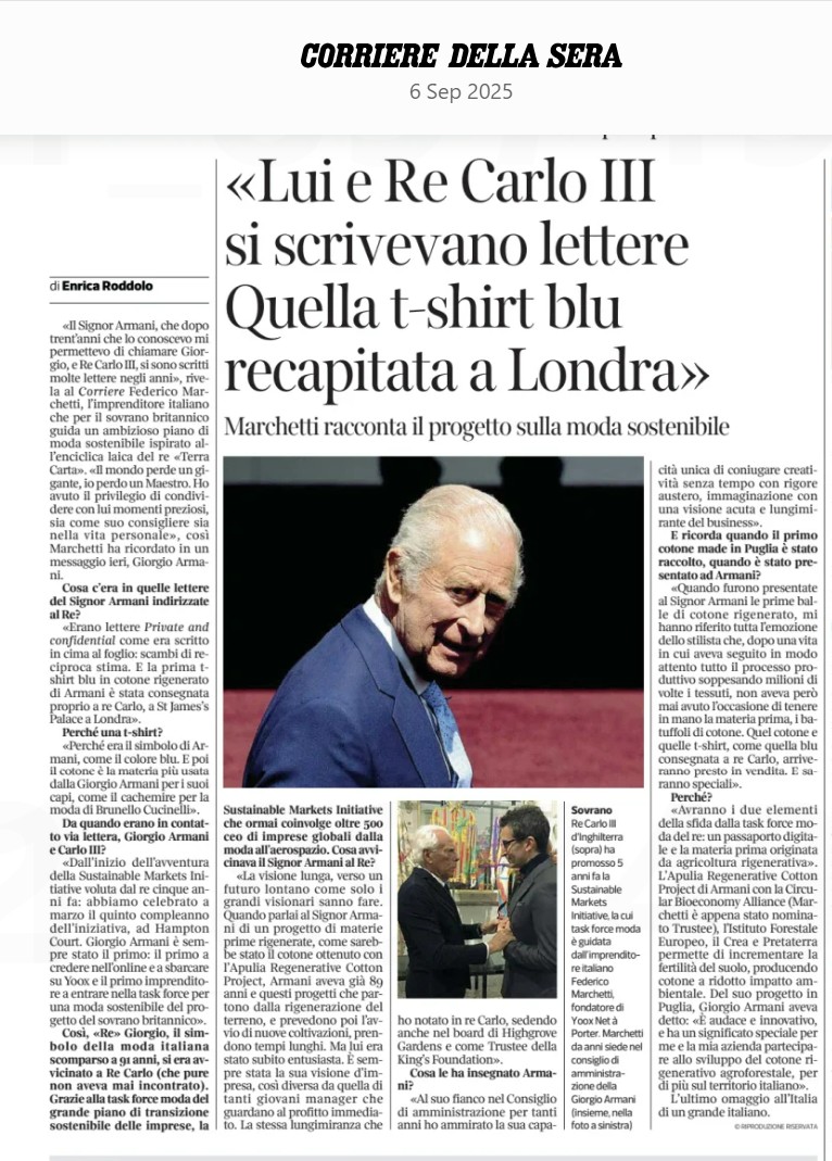 According to this Italian newspaper the late #GiorgioArmani exchanged letters about sustainable fashion with #KingCharles. According to entrepreneur Federico Marchetti, Armani sent the king the first blue  T-shirt he made in regenerated cotton. Not his usual Jermyn Street look!