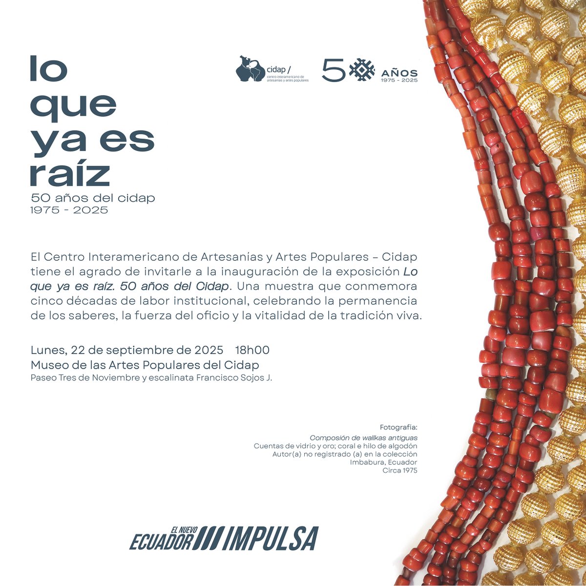 ✨ Este 22 de septiembre, el Cidap cumple 50 años de vida institucional. 

Con este motivo, te invitamos a la inauguración de la exposición “Lo que ya es raíz. 50 años del Cidap”, una muestra que celebra la permanencia de los oficios y la vitalidad de la cultura popular.