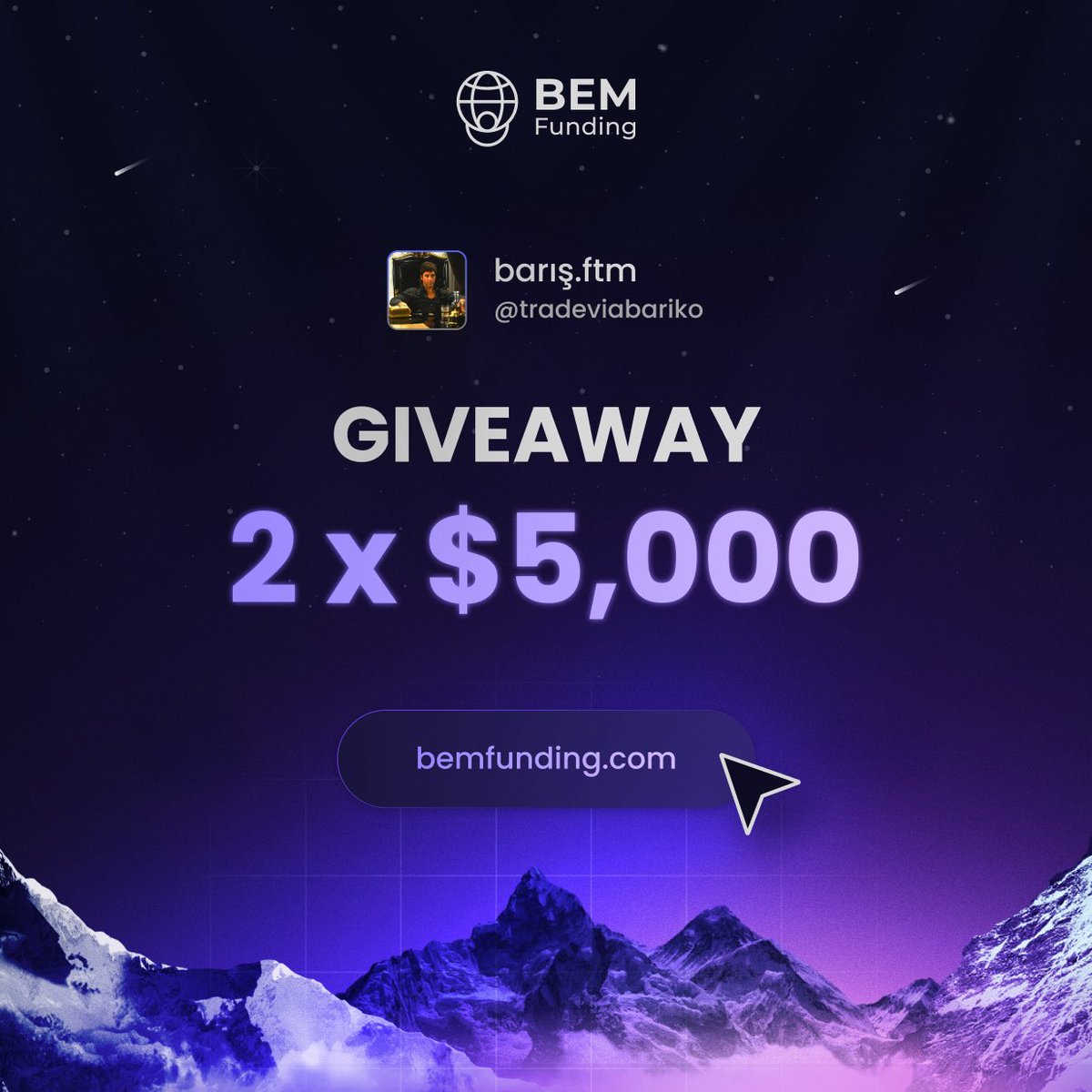 BEM FUNDING 2x$5,000 GIVEAWAY!

1. Follow <a href="/tradeviabariko/">barış.ftm</a> and <a href="/BemFunding/">BEM Funding</a> 

2. Like and Repost

3. Tag 2 friends

Winners will be announced in 72 hours. 

Good luck.