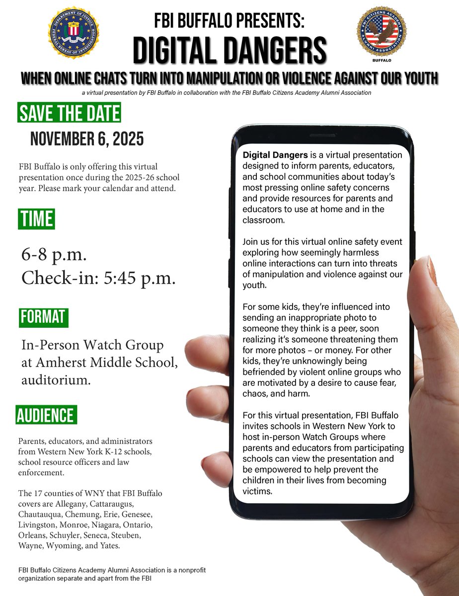Mark your calendar for Nov. 6. This presentation will only be offered by FBI Buffalo once this school year. Takes place in-person at Amherst Middle School auditorium from 6-8 p.m. For parents of elementary, middle and high school students.