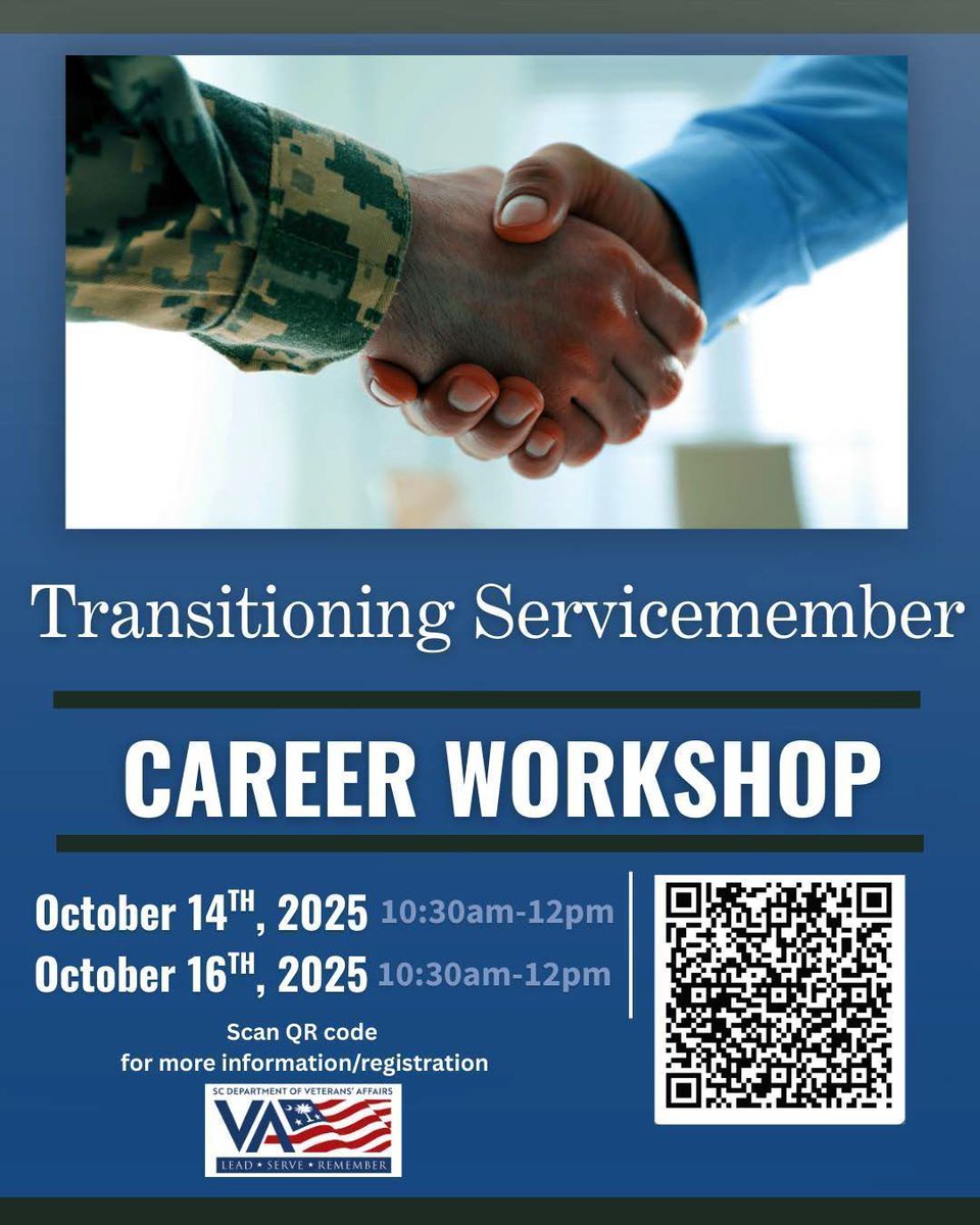 📢 Transitioning from service to civilian life?
Join SCDVA’s Career Workshop designed for servicemembers preparing for the next chapter.
📅 Oct 14 &amp; Oct 16 | ⏰ 10:30 AM – 12 PM
📍 Hosted virtually — 🔗bit.ly/4mbdsyf to register.

#Veterans #CareerWorkshop #SCDVA