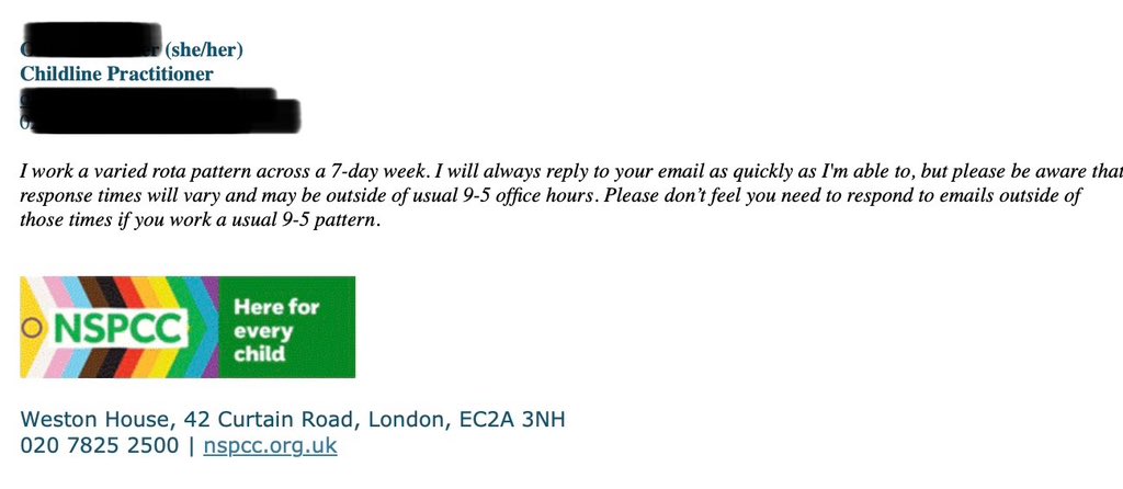 JamesEsses's tweet photo. All emails being sent out by Childline now appear to include pronouns, as well as a trans pride flag.

The @NSPCC is actively pushing gender ideology on the children it was created to protect.

This cannot be allowed to continue. https://t.co/I5gOHLBsS0
