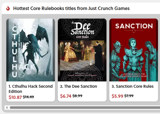 justcrunchgames's tweet photo. Until the end of the Cörk Børd Kickstarter (in 48 hours time), all three Core Books—Cthulhu Hack, Sanction and The Dee Sanction—are 25% off on @DriveThruRPG 

https://t.co/8jvJyRuxli https://t.co/9PD5DxQB8R