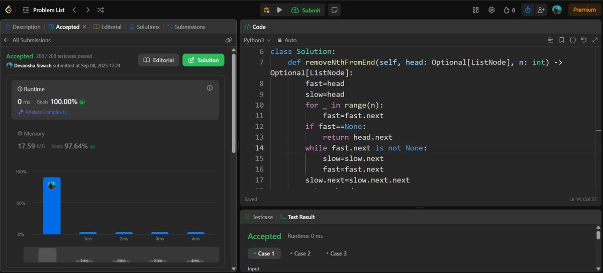 devanshu_siwach's tweet image. Day 85: Remove the nth node from the end of a linked list.
Naive: count length 🐢
Optimized: two-pointer in one pass ⚡
Which one do you pick?
#DSA  #pythonprogramming  #buildinginpublic  #Developers #letsconnect