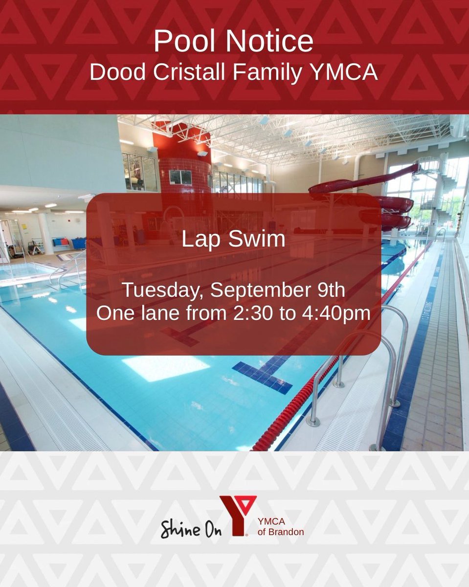 Due to a private rental, we will have only one lane available for Lap Swim today, September 9th from 2:30 to 4:30 pm.
