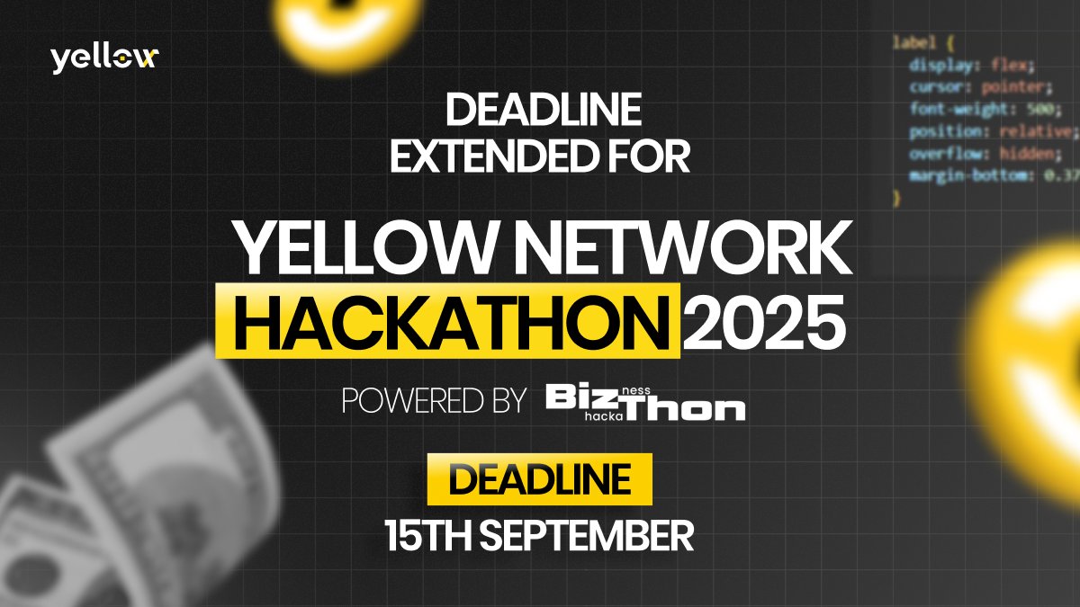 Deadline extended ⚡

From vision to product. The Yellow Network Hackathon 2025 powered by <a href="/BizthonOfficial/">BizThon | Global Business Hackathon</a> is still open for submissions.

Builders now have until September 15 to bring seamless, scalable decentralization to life.