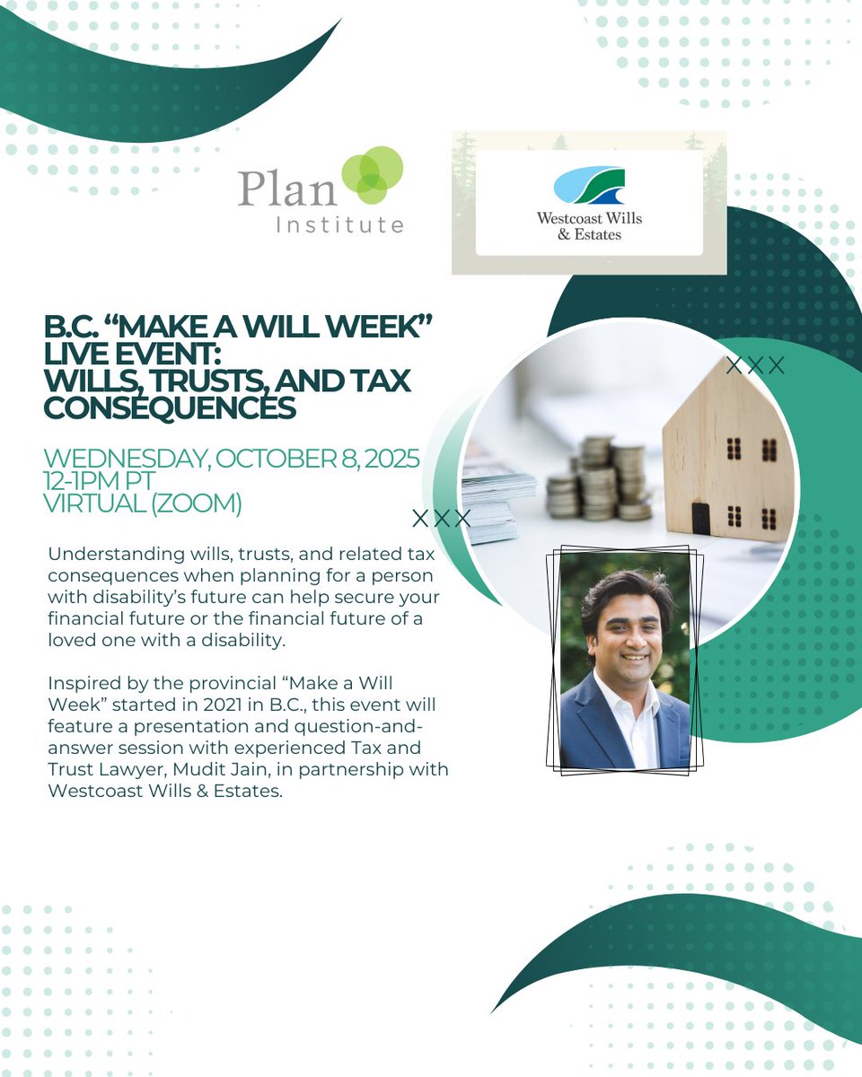 planinstitute's tweet image. 🗓️ Webinar for BC’s #MakeAWillWeek: 

Join us on Wednesday, October 8, for a live presentation and Q&amp;amp;A about wills, trusts, estates, and tax consequences with lawyer Mudit Jain from @WestcoastWills.

🔗 Learn why you should make a will and register here shorturl.at/cqafX.