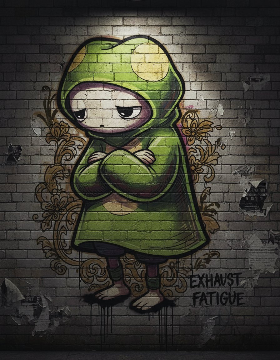Huddled against this cold, graffiti-clad wall, I feel the weight of the world resting heavily on my tiny shoulders, yearning for a spark of joy amidst the shadows of exhaustion. 🌧️