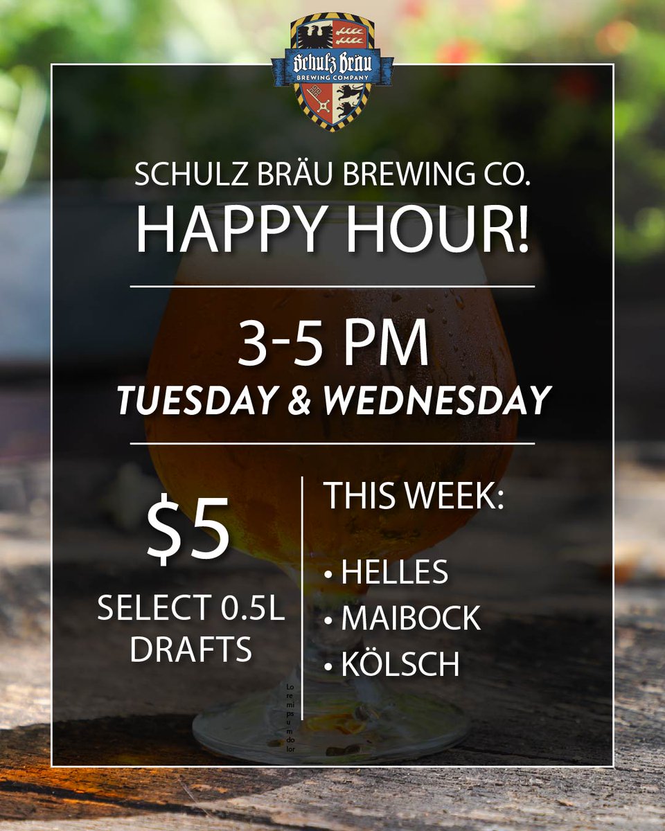 🍻 Happy Hour at Schulz Bräu! 🍻
Join us every Tuesday &amp; Wednesday for good vibes and even better deals!💫 

#KnoxvilleOktoberfest #SchulzBrau #Biergarten #HappyHour #germanbeer