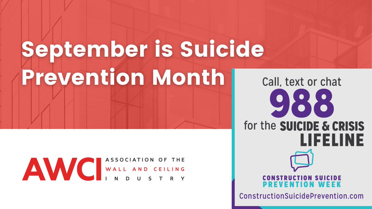 AWCI (@awci_info) on Twitter photo September is #SuicidePreventionMonth
Construction has the highest suicide rate of any industry. Mental health is safety too—check in with a coworker today.
📞 Call/text/chat 988 988lifeline.org
đź”— constructionsuicideprevention.com/resources
🔗 osha.gov/preventingsuic…
#Safety #Construction September is #SuicidePreventionMonth
Construction has the highest suicide rate of any industry. Mental health is safety too—check in with a coworker today.
📞 Call/text/chat 988 988lifeline.org
đź”— constructionsuicideprevention.com/resources
🔗 osha.gov/preventingsuic…
#Safety #Construction