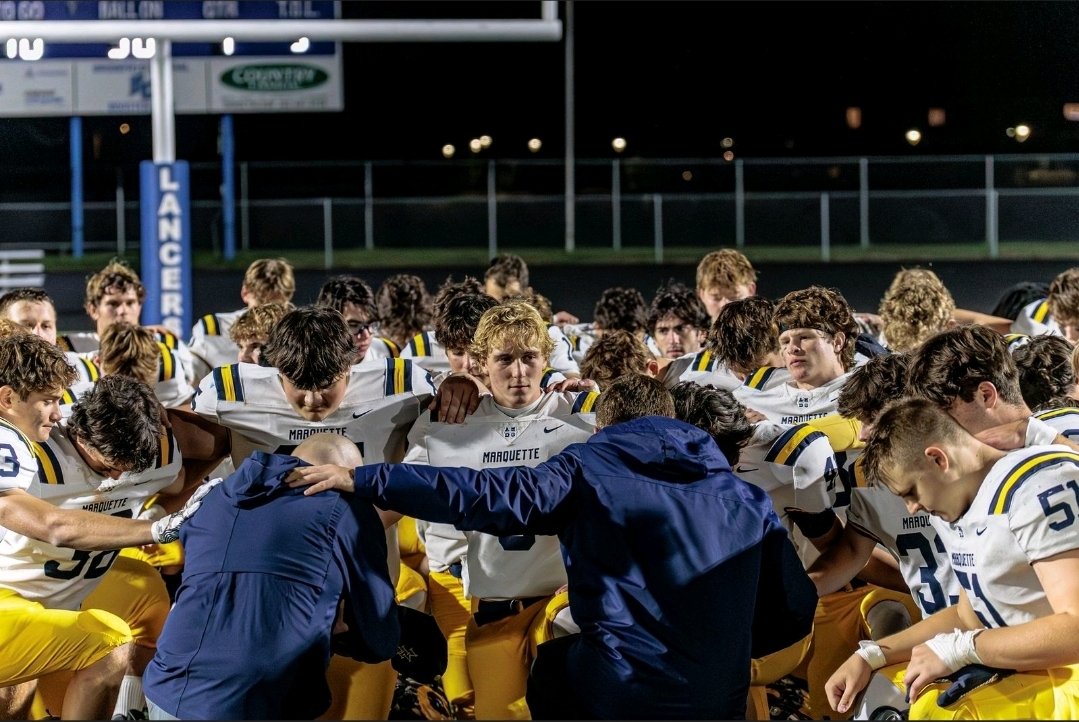 Praying with the MUHS Football team after their first win of the season. All glory to God! <a href="/FootballMuhs/">MUHS Football</a>