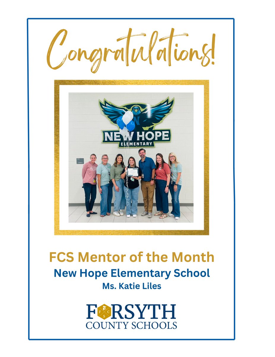 FCSchoolsGA's tweet photo. The support of our veteran teachers is vital to the success of new teachers. Today, we celebrate Katie Liles from NHE as the FCS Mentor of the Month.  Katie has been the definition of a mentor, serving as an experienced and trusted advisor. Congratulations, Katie! #theforsythway https://t.co/7yNnEd1dLm