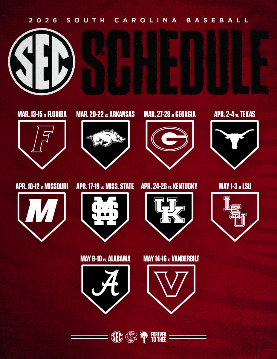GamecockBSB's tweet image. 𝐓𝐇𝐄 𝟐𝟎𝟐𝟔 𝐒𝐄𝐂 𝐒𝐂𝐇𝐄𝐃𝐔𝐋𝐄

🎟️ Renewals: bit.ly/26Renew
🎟️ Deposits: bit.ly/26Deposit

#Gamecocks | #ForeverToThee