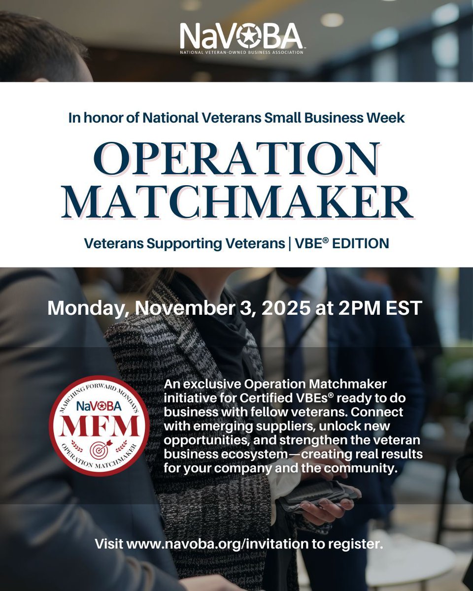 NaVOBA's tweet image. Veterans helping veterans fuel growth. This #NVSBW, connect with fellow entrepreneurs at Operation Matchmaker V2V and keep opportunities in the veteran-owned ecosystem.
📅 Nov 3 | 2–5 PM ET | Free & Virtual
👉 navoba.org/invitation