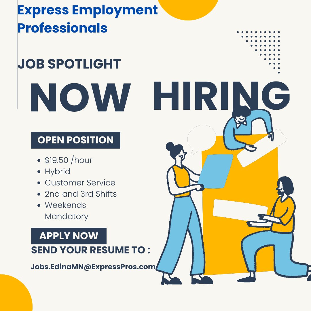 🚨 Now Hiring – Remote with Local Office Visits 🚨

We have remote positions available! While you’ll primarily work from home, you must live in the area for occasional office visits.

📍 Location: Edina, MN
💻 Role: Remote (with periodic in-office... ExpressPros.com/EdinaMN
📞