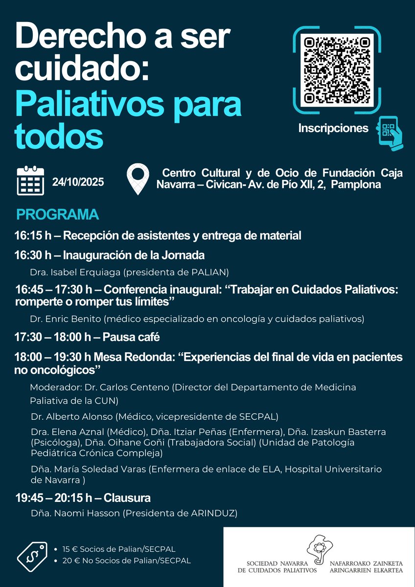📢 Jornada organizada por <a href="/PalianNavarra/">Palian Navarra</a>

Derecho a ser cuidado: Paliativos para todos
📍Civican, Pamplona
📅24/10/2025 | 16:15 h
🟢Tema central 👉 Experiencias del final de vida en pacientes no oncológicos

Ponentes de lujo de medicina, enfermería, psicología y trabajo social ✨