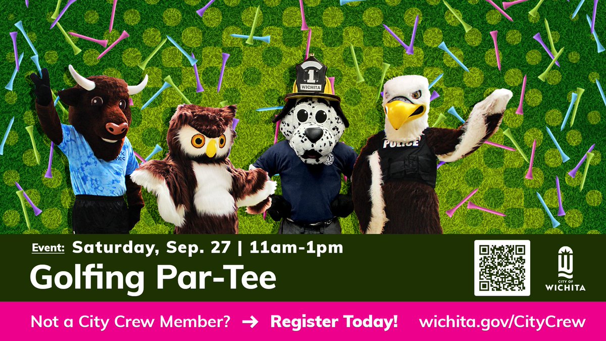 ⛳️ ONE WEEK AWAY! ⛳️City Crew Golfing Par-Tee 🎉

📅 Sat, Sept. 27 | 11 AM–1 PM 
📍 Tex Consolver Golf Course

Fun golf tips, mini-golf challenges, crafts, prizes &amp; more—FREE for City Crew (ages 2–12)! 🎨🎁🌭

👉 Register now: wichita.gov/citycrew
