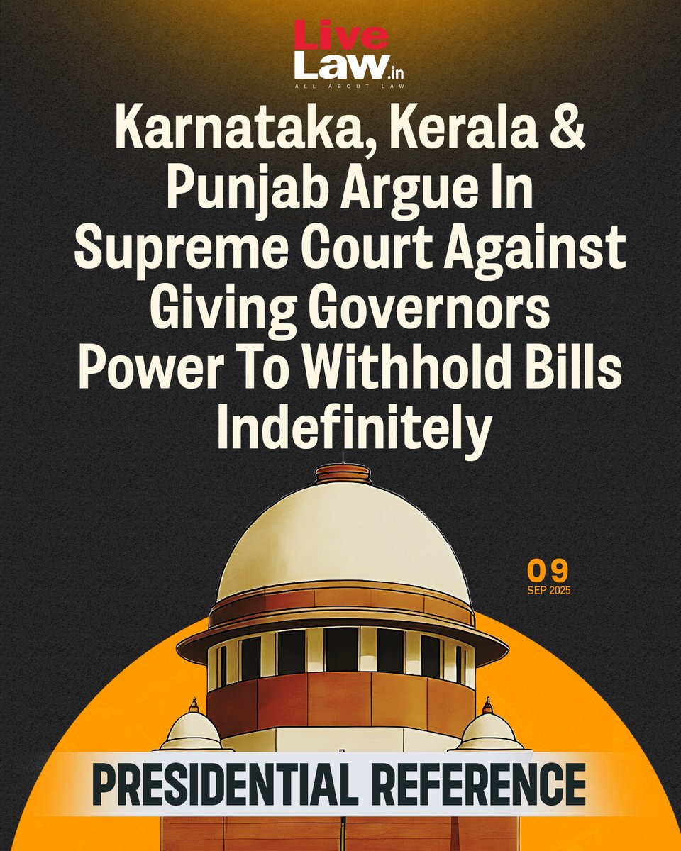 LiveLawIndia's tweet photo. States of Karnataka, Kerala and Punjab concluded their arguments today in the ongoing Presidential Reference relating to timelines for assent to bills, arguing that the constitutional scheme under Article 200 does not provide for the Governor to exercise discretion.
Read more:https://t.co/9OAGunUBoH
#SupremeCourt  #Kerala #Punjab #PresidentialReference