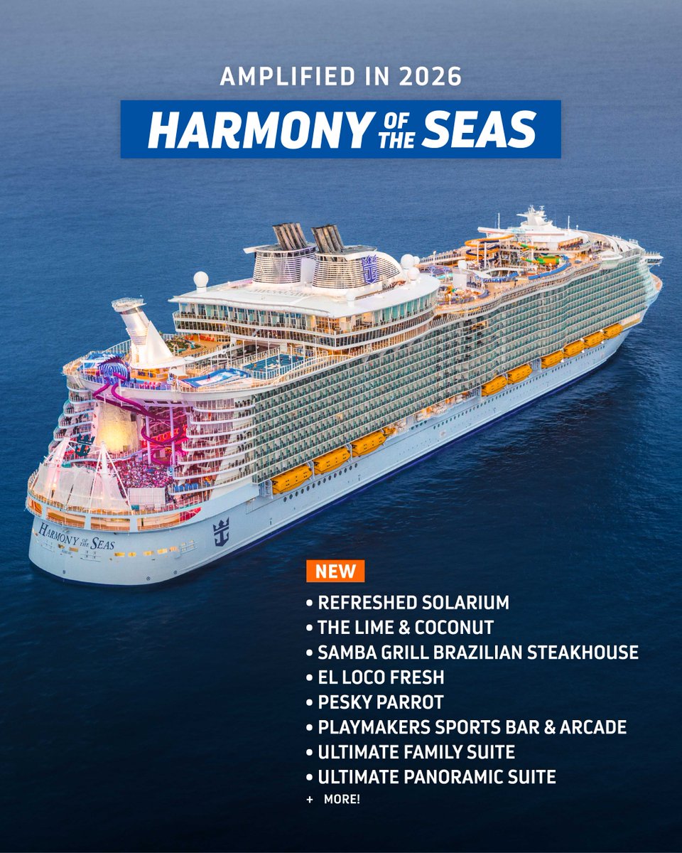 RoyalCaribbean's tweet photo. Amplified and ready for action.
Tap the link to get in on the new flavors, nightlife, and more on the newly amplified Harmony of the Seas, coming summer 2026. 🔗 https://t.co/LEbMWA4kxX https://t.co/MNWaU1a0f4