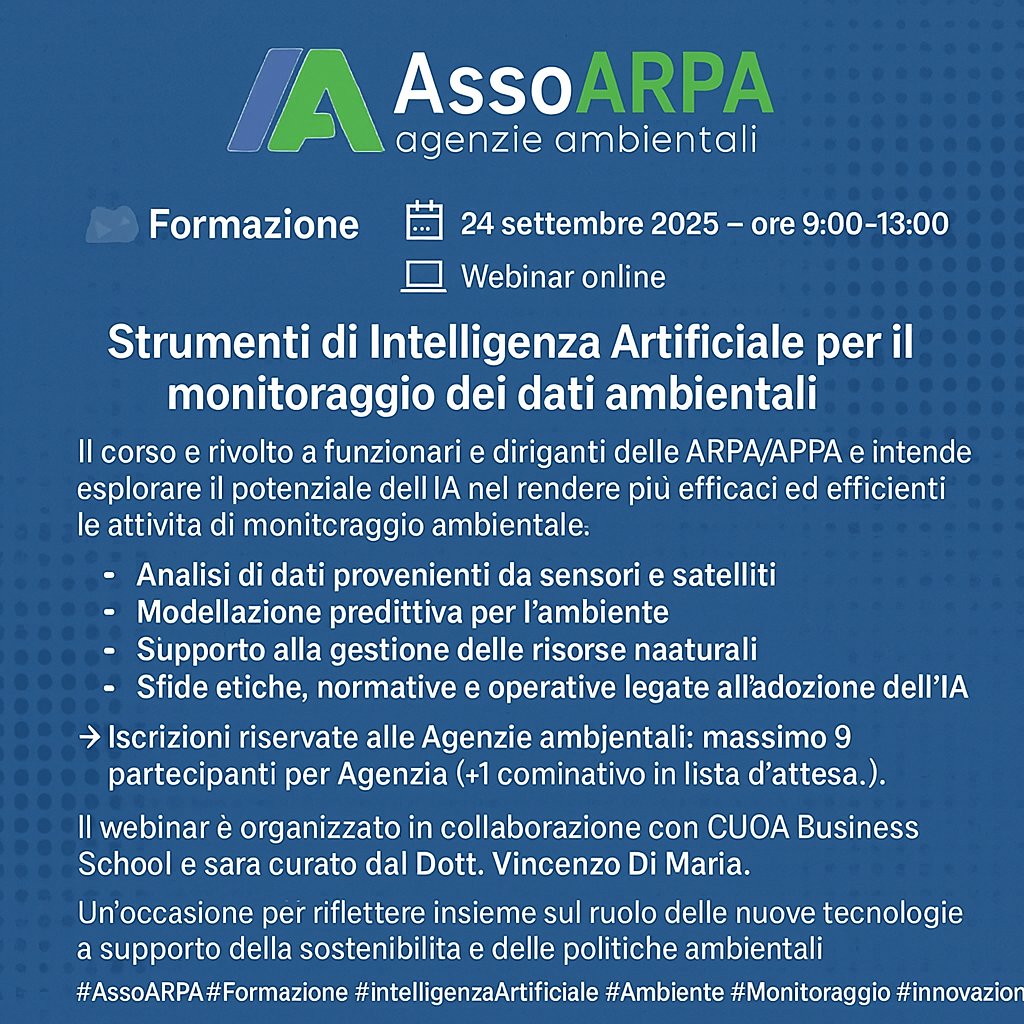 📢 Formazione AssoARPA – CUOA Business School
🗓️ 24 settembre 2025 – ore 9:00-13:00
💻 Webinar online
Tema del corso: Strumenti di Intelligenza Artificiale per il monitoraggio dei dati ambientali
assoarpa.it/formazione/
<a href="/SNPAmbiente/">SNPA</a>