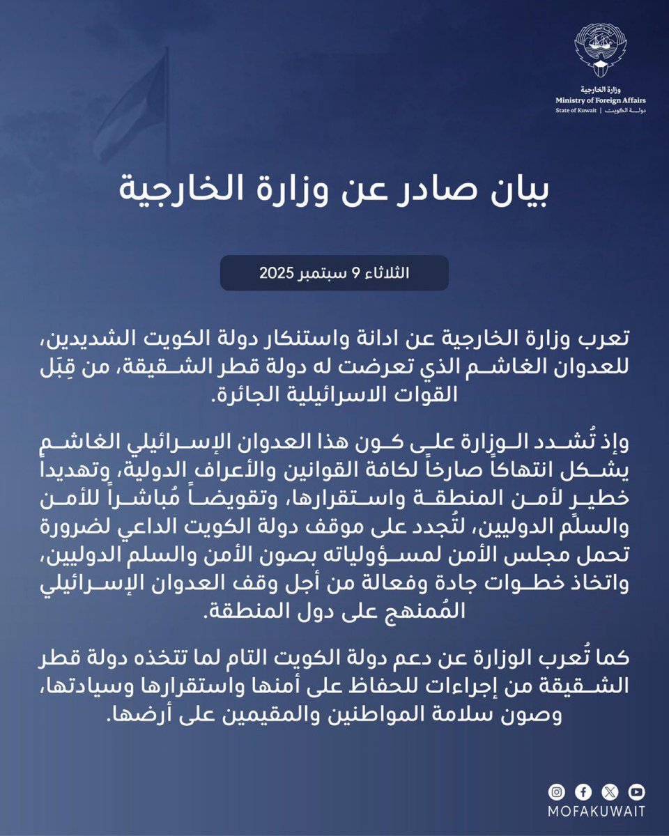 تعرب وزارة الخارجية عن ادانة واستنكار دولة الكويت الشديدين، للعدوان الغاشم الذي تعرضت له دولة قطر الشقيقة، من قِبَل القوات الاسرائيلية الجائرة. 

وإذ تُشدد الوزارة على كون هذا العدوان الإسرائيلي الغاشم يشكل انتهاكاً صارخاً لكافة القوانين والأعراف الدولية، وتهديداً خطيرٍ لأمن