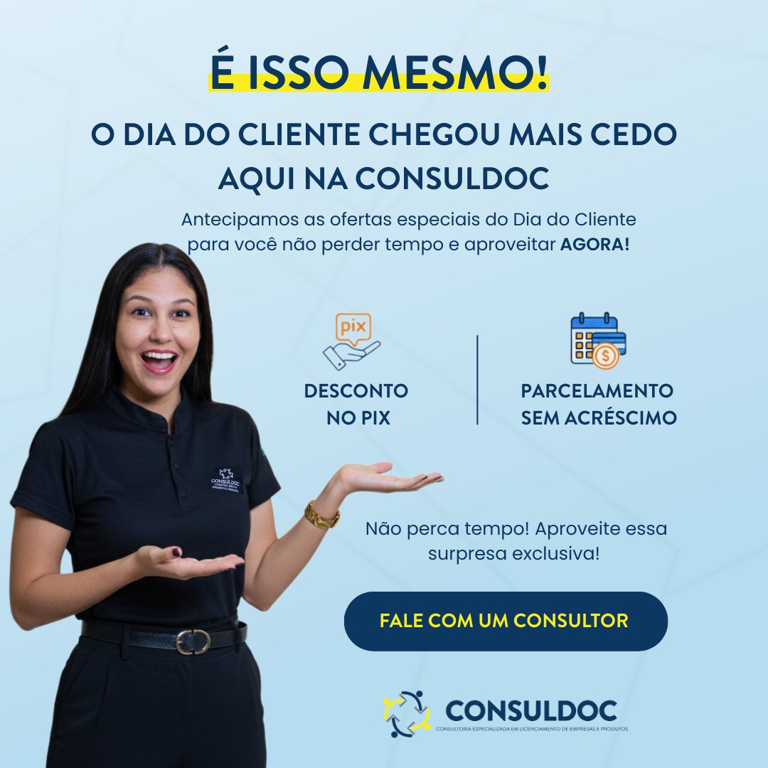 CONSULDOC's tweet image. OLHA SÓ ESSA NOVIDADE QUE PREPARAMOS PARA VOCÊ, CLIENTE CONSULDOC!

Quem disse que você precisa esperar até o dia 15? Antecipamos a celebração do Dia do Cliente e liberamos condições exclusivas para você aproveitar AGORA!

Sim, é isso mesmo! Você merece sair na frente.