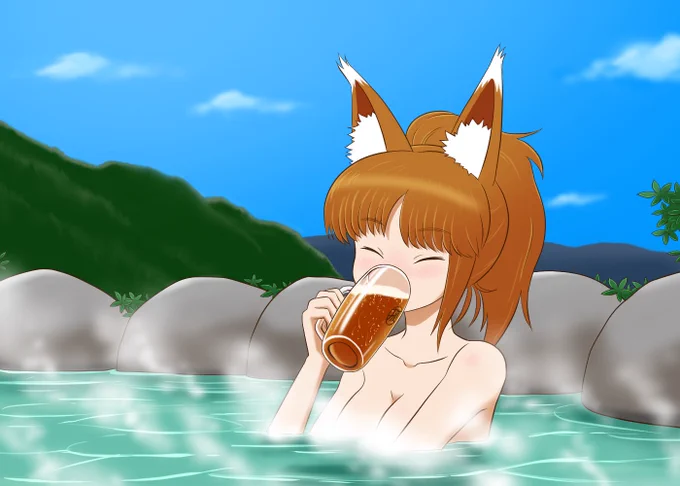 「温泉につかりながらキューっと一杯!」 #温泉の日 #天月恒美 ※人間は決してマネしないでください