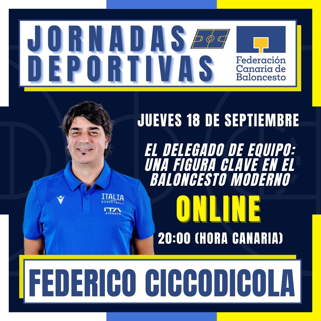 🇮🇨 #JornadasDeportivas
👨🏻‍🏫 Federico Ciccodicola
🗣️ "El delegado: una figura clave en el baloncesto moderno"
📆 18-09-2025
⏰ 19:00 🇮🇨
👨🏻‍💻 #OnLine
📝 Solicitud  ⤵️
📨 formacion@fcbaloncesto.es

✅ Validación de horas para la formación de los cursos de entrenador Nivel I y II