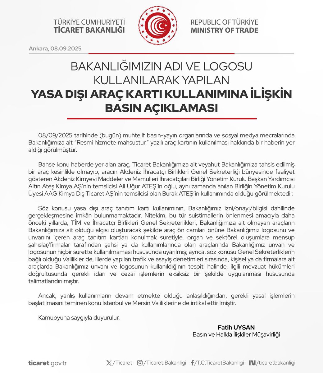 Ticaret Bakanlığımızın adı ve logosu kullanılarak düzenlenen yasa dışı araç kartları ile ilgili özellikle son iki günde bana da yoğunlukla yöneltilen konuyla ilgili Bakanlığımızın resmi açıklamasını paylaşmak isterim…

Basın ve Halkla İlişkiler Müşavirliğimizin açıklamasından da