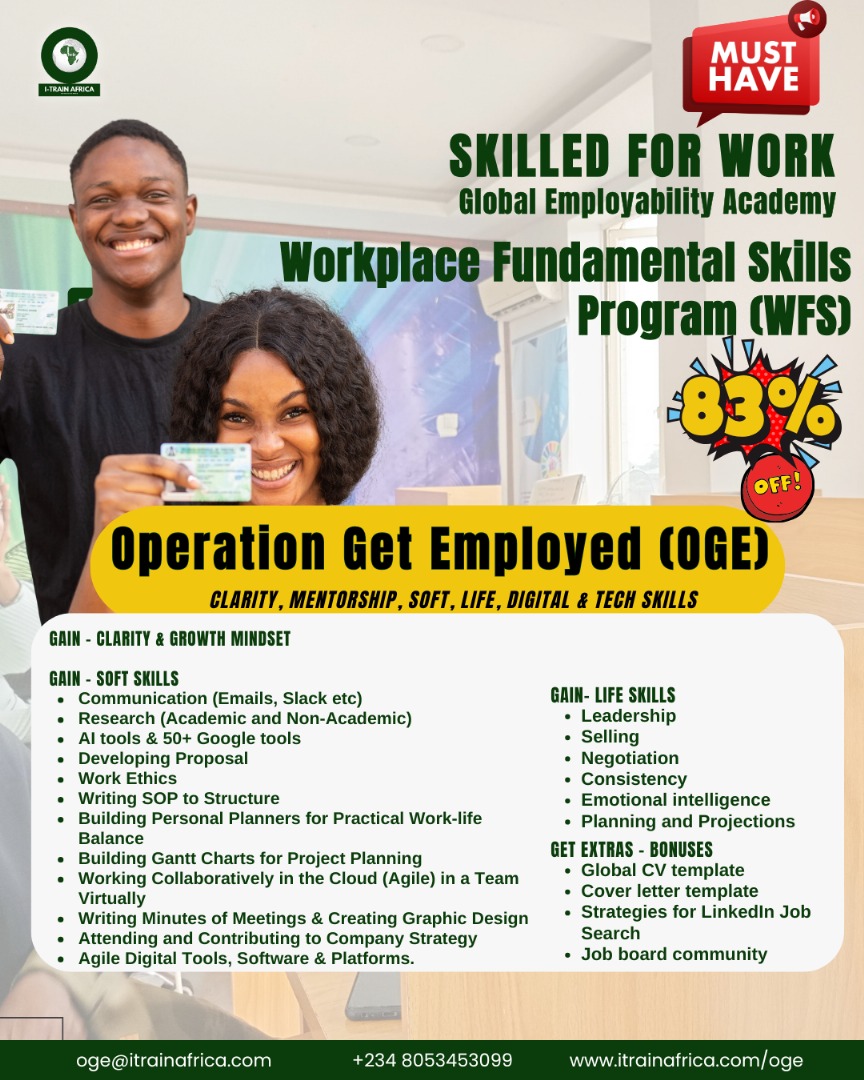 itrainafrica's tweet photo. Don't just dream of a job. Train, prepare and GET Employed. At @itrainafrica, we believe every talent deserves the right opportunity. Join Operation Get Employed Today!
#itrainafrica #OperationGetEmployed #SkilledForWork #WorkplaceFundamentalSkillsProgram 

Claim Now https://t.co/RBo2Tugbzg