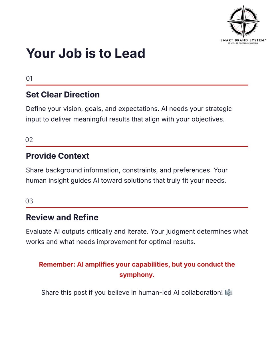 mariaduron's tweet image. AI is your assistant conductor, not your orchestra.
If you let it run the show, the music goes off-key. Your job is to lead. AI’s job is to help you keep time and keep everyone aligned.
This isn’t about replacement. It’s about using AI to handle the repeatable work so you can…