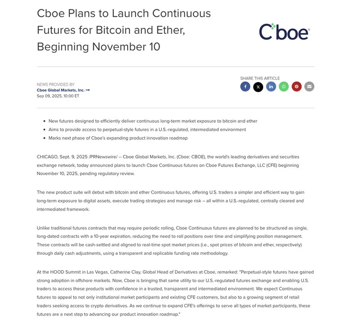 🔵MARKETEVANS: CBOE annuncia il lancio di futures continui per Bitcoin ed Ethereum dal 10 novembre