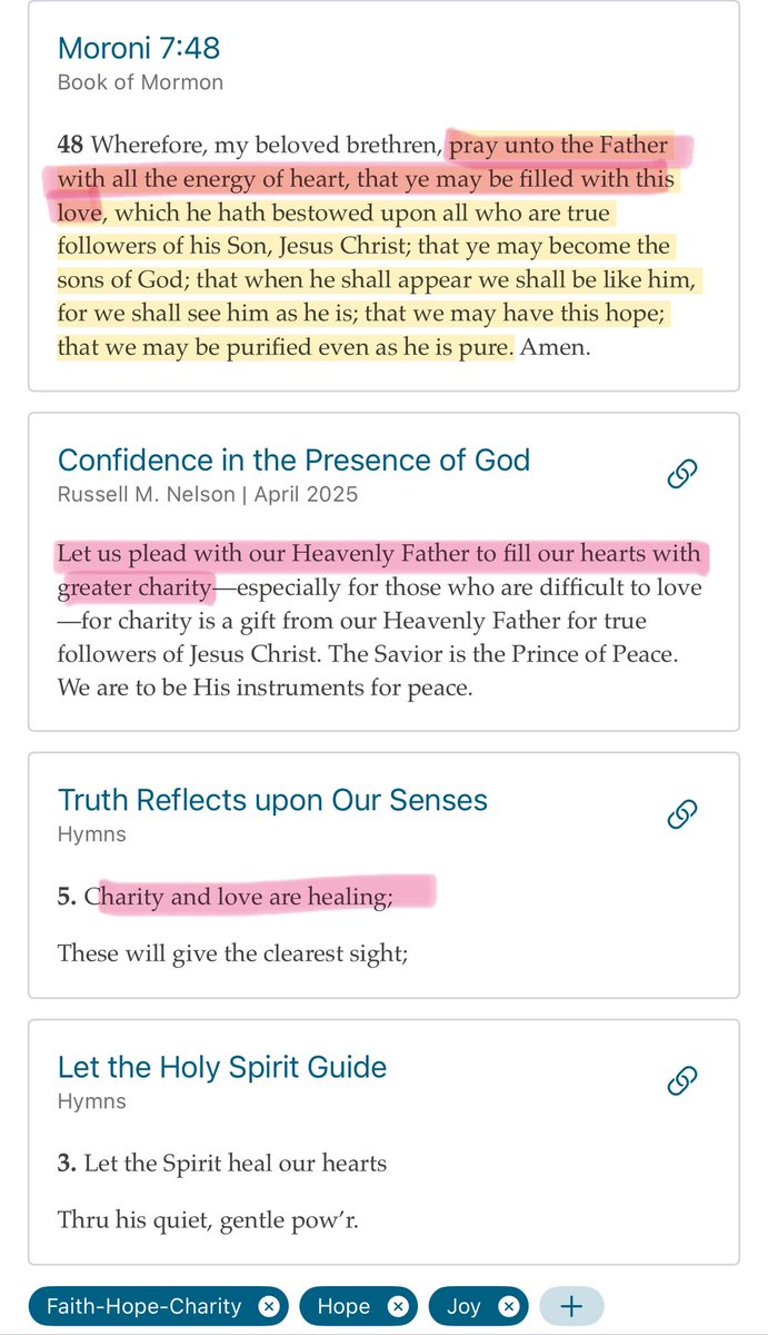 MyGospLib_Notes's tweet image. So grateful that I was inspired this morning to associate (link to) Moroni 7:48 & Hymn 273 with President Nelson's inspired counsel about #charity (Apr 2025) on this, his 101st bday!
Happy birthday, President Nelson!
I thank Thee, O God, for this prophet!
#PresidentNelson101