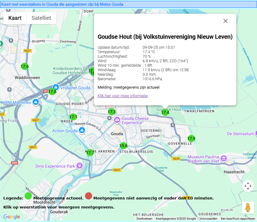 Afgelopen zaterdag, 06-09-2025, is in #gouda, in het Goudse Hout het 11de weerstation in werking gesteld.   
Zie het kaartje met de Goudse weerstations op:
meteo-gouda.nl/weerstations-k…
Een overzicht van de meetgegevens van de weerstations vind je op:
meteo-gouda.nl/weerstations-m…