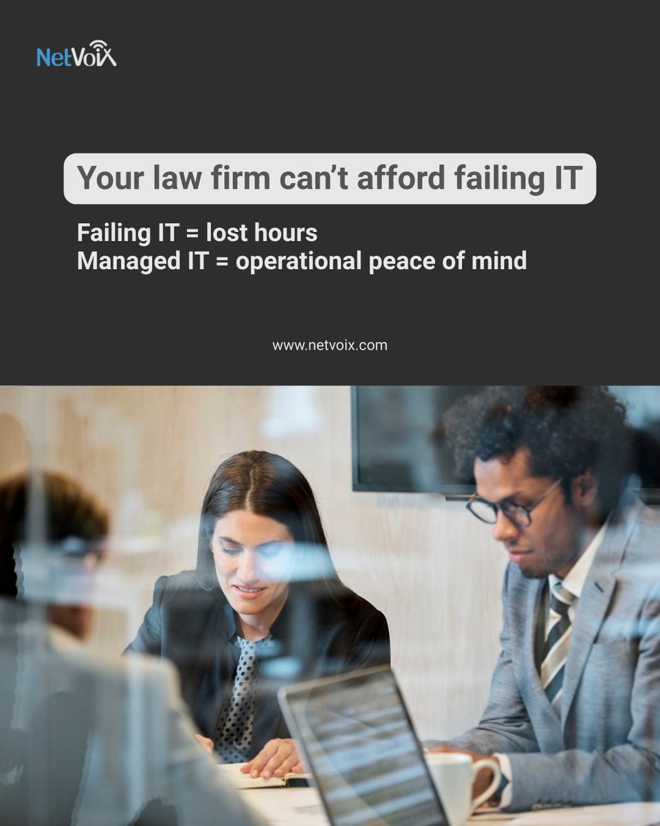 netvoix's tweet image. Law firms can’t afford downtime.
Failing IT = lost hours

Managed Services = peace of mind with NetVoiX.

#ManagedIT #LawFirms #NetVoix