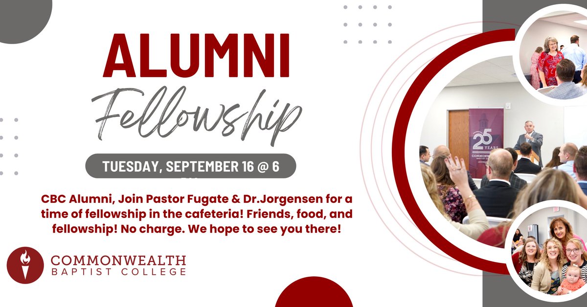 CommonwealthB's tweet photo. CBC Alumni, reconnect with @drjefffugate, Dr. Jorgensen, and friends at our Alumni Fellowship during the National Church Growth Conference.

Tuesday, Sept. 16 @ 6 in the cafeteria—food, fellowship, and fun for the whole family!

#CBCplace2be
#CBCalumni https://t.co/HnVlrWsdoM