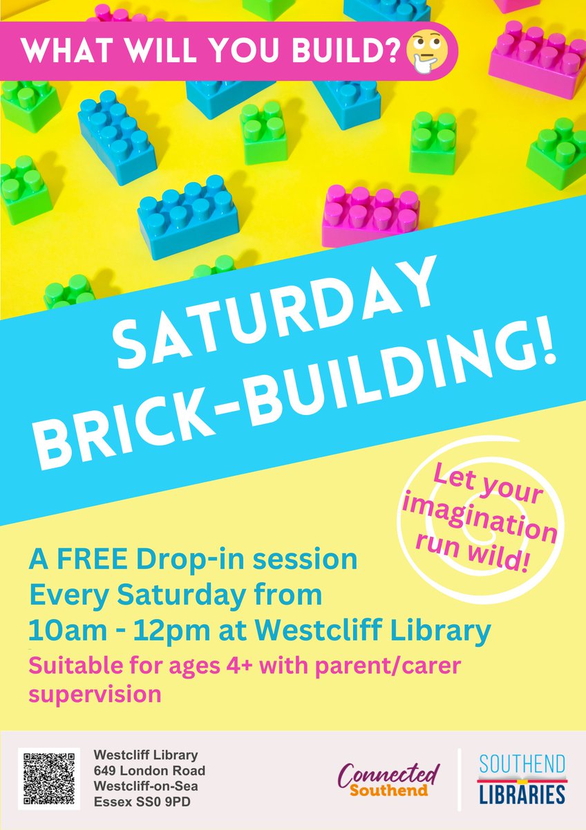 southendlibrary's tweet image. Great news #BrickBuilders!
Starting this weekend #Westcliff Library will be offering free Brick-Building sessions every Saturday morning from 10am-12pm!
Westcliff joins Kent Elms, Leigh, Shoeburyness and Southchurch libraries in offering these fun, free sessions. Just drop in!