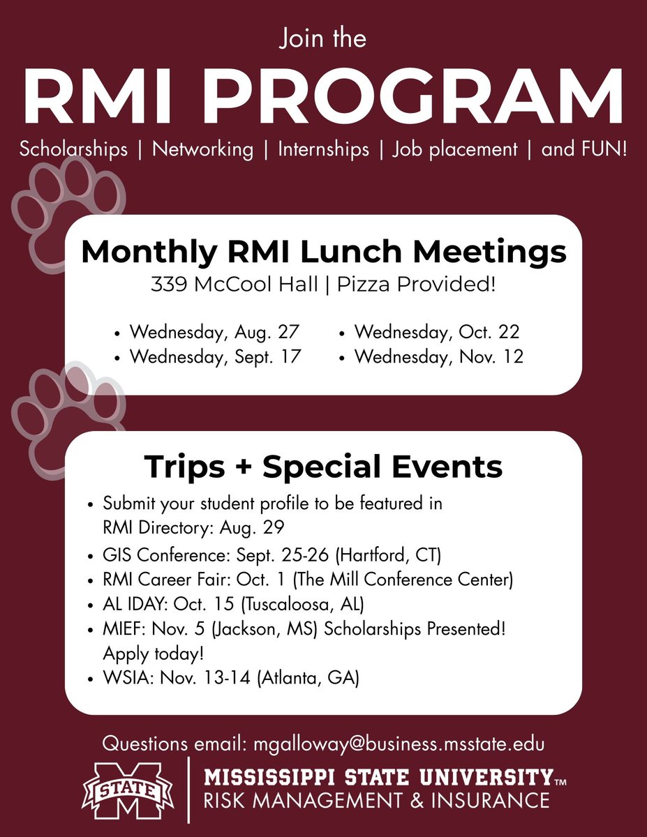 📢 Ready to level up your college experience? Join the RMI Program at Mississippi State! 🐾 Don’t miss the monthly lunch meetings and exciting career-building events throughout the semester.

👉 Questions? Reach out at mgalloway@business.msstate.edu