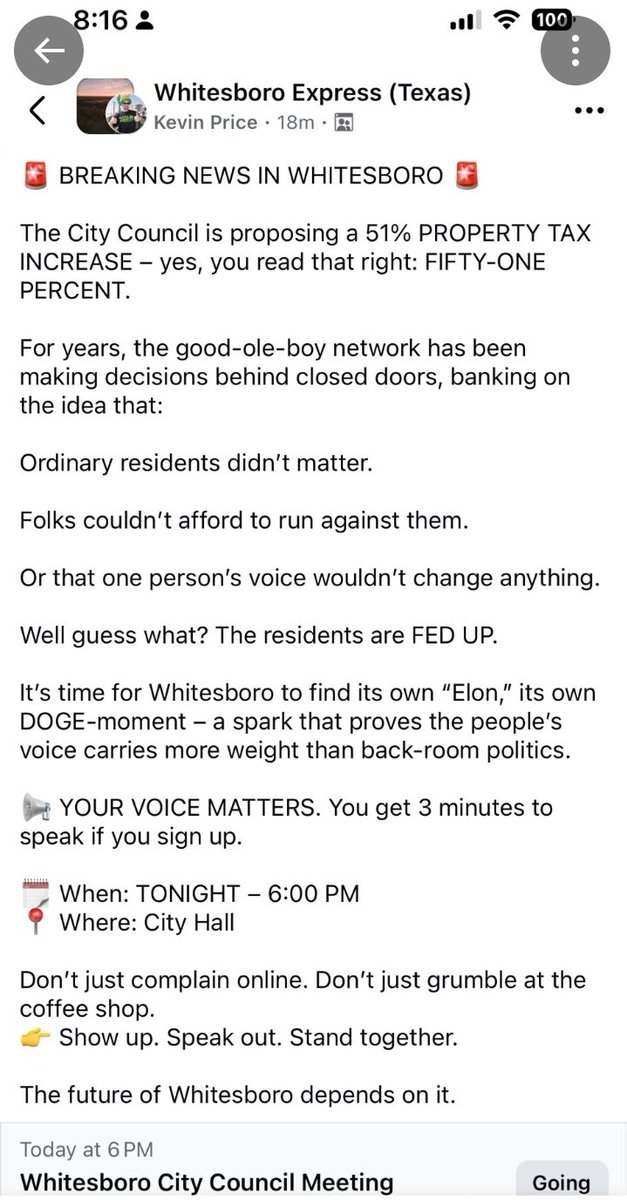 WHITESBORO, TEXAS:

THEY ARE GOING TO RAISE YOUR PROPERTY TAXES 51%

The meeting is tonight at 6pm.  

Someone, please video this meeting !

Where is <a href="/GregAbbott_TX/">Greg Abbott</a> ??? He's going to pass the blame when PROPERTY TAXES ARE A STATE MANDATE.

STOP THE STEAL! TAKE TEXAS BACK!