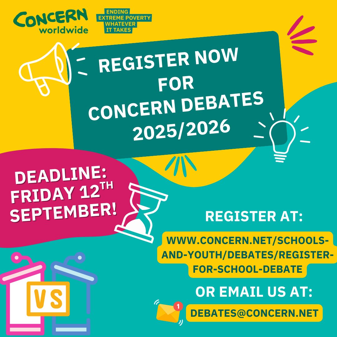 📢REMINDER: The deadline to register for this year's Concern Debates is Friday the 12th of September! 

Check out the link in our bio to sign your school up for this year's programme, or check out our website for more information!