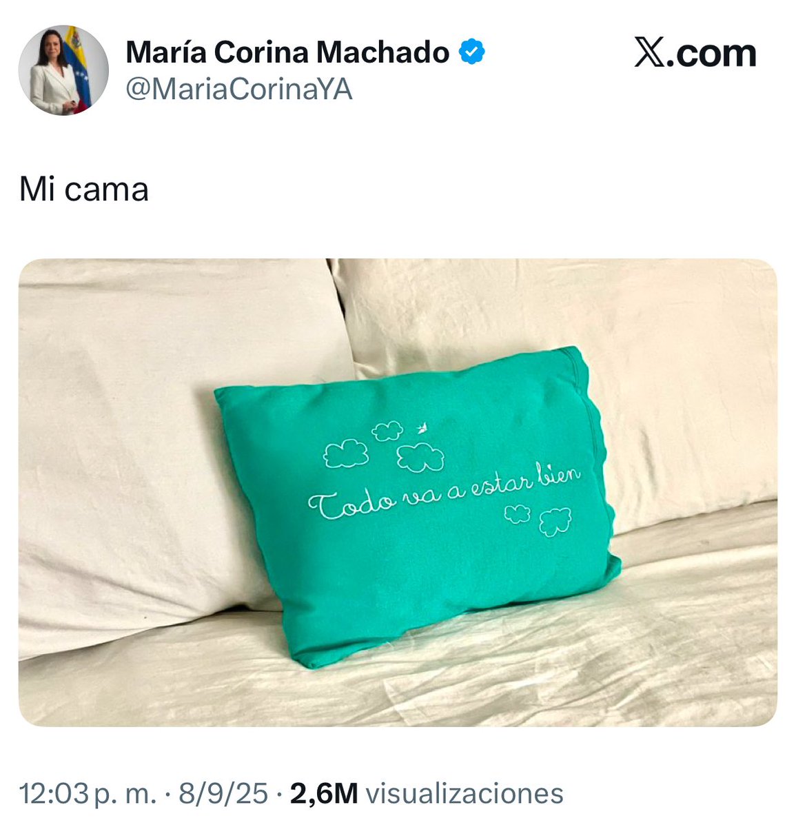¡Qué cinismo el de María Machado! 

Duerme como bebé tras suplicar sanciones que asfixian Venezuela, invasión a nuestra patria y bombardeos israelíes. 

¡Hipócrita que se jacta de dormir plácidamente! ¿Dónde quedó la decencia? Esto es el colmo de la falsedad opositora.

Att.