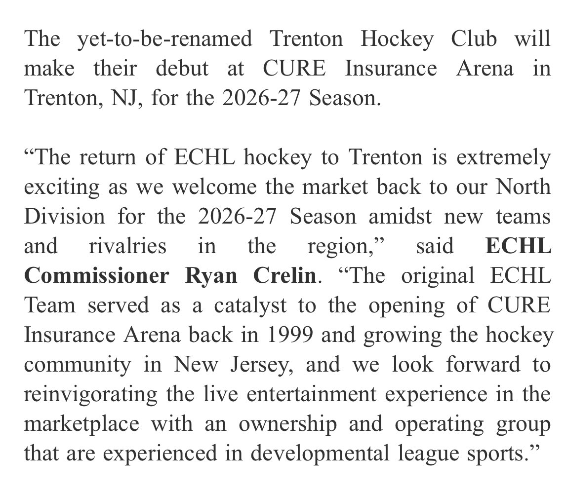 Official: Trenton Hockey Club to Drop Puck at CURE Insurance Arena for 2026-27 Season.