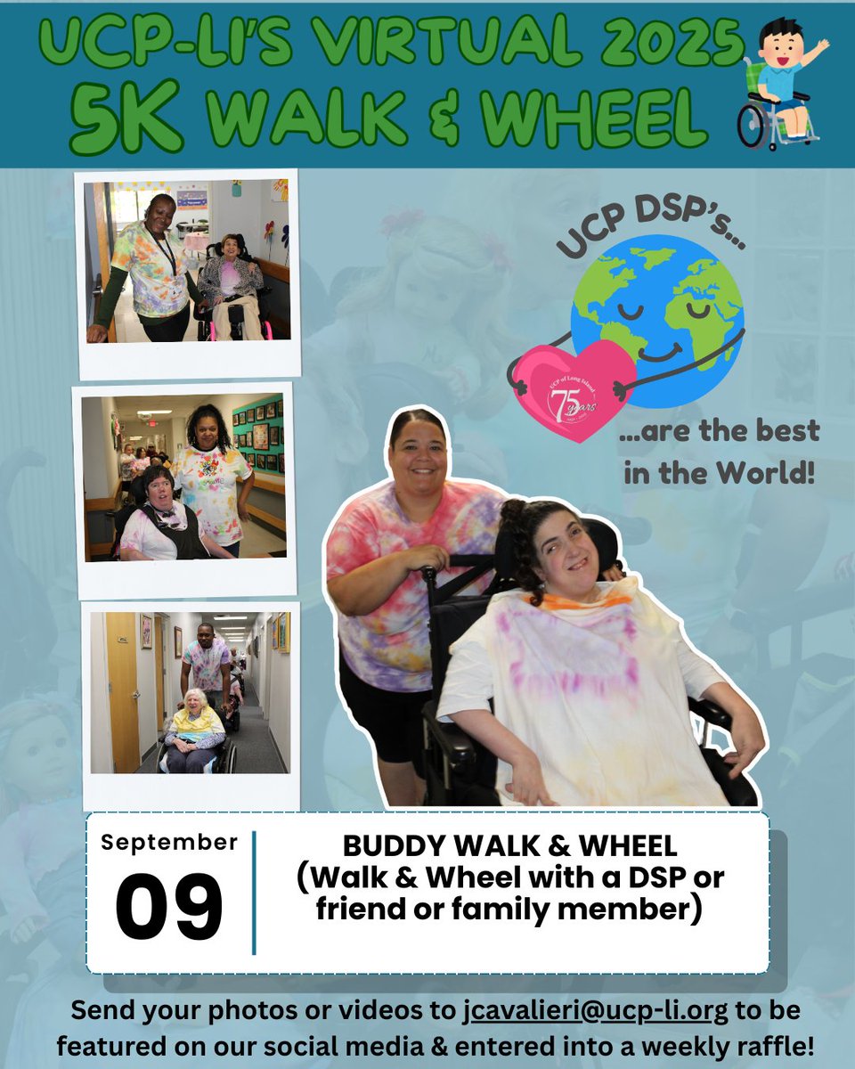 UCPofLongIsland (@ucpoflongisland) on Twitter photo 👟💙 Day 9: Buddy Walk & Wheel! 💚👟
Today, grab a DSP, friend, or family member and head out for a Walk & Wheel together! 🚶♀️🧑🦽
Create a walk team, register, or donate here: specialevents.ucp-li.org/2025WalkNWheel
#UCPLI #WalkAndWheel #DSPWeek #ThankYouDSPs #CommunityStrong 👟💙 Day 9: Buddy Walk & Wheel! 💚👟
Today, grab a DSP, friend, or family member and head out for a Walk & Wheel together! 🚶♀️🧑🦽
Create a walk team, register, or donate here: specialevents.ucp-li.org/2025WalkNWheel
#UCPLI #WalkAndWheel #DSPWeek #ThankYouDSPs #CommunityStrong