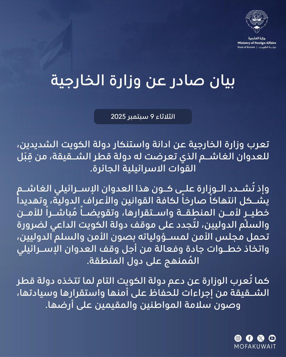 دولة الكويت تدين وتستنكر 

العدوان الغاشم الذي تعرضت له دولة قطر الشقيقة، من قِبَل القوات الاسرائيلية الجائرة. 🇰🇼🇶🇦