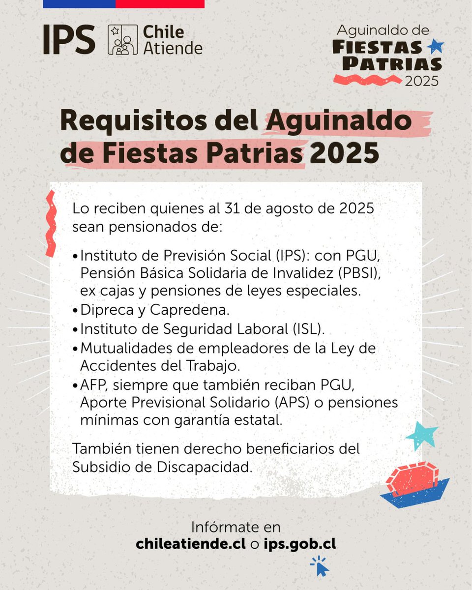 📌¡Este mes las y los pensionados reciben el Aguinaldo de Fiestas Patrias🇨🇱!
👆Importante: Se entrega automáticamente, SIN TRÁMITES, y el monto de este año son $25.280 por persona.
➕Además, por cada carga acreditada se suman $12.969.
🔎Los detalles➡️ chileatiende.cl