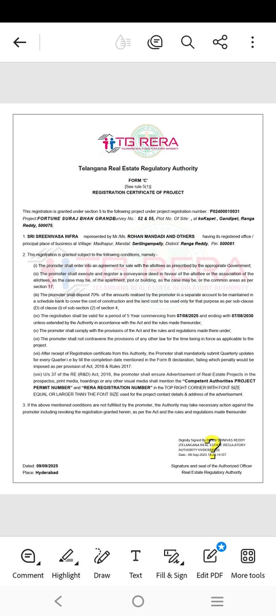 RERA received for SSI's Fortune Suraj Bhan Grande, Kokapet