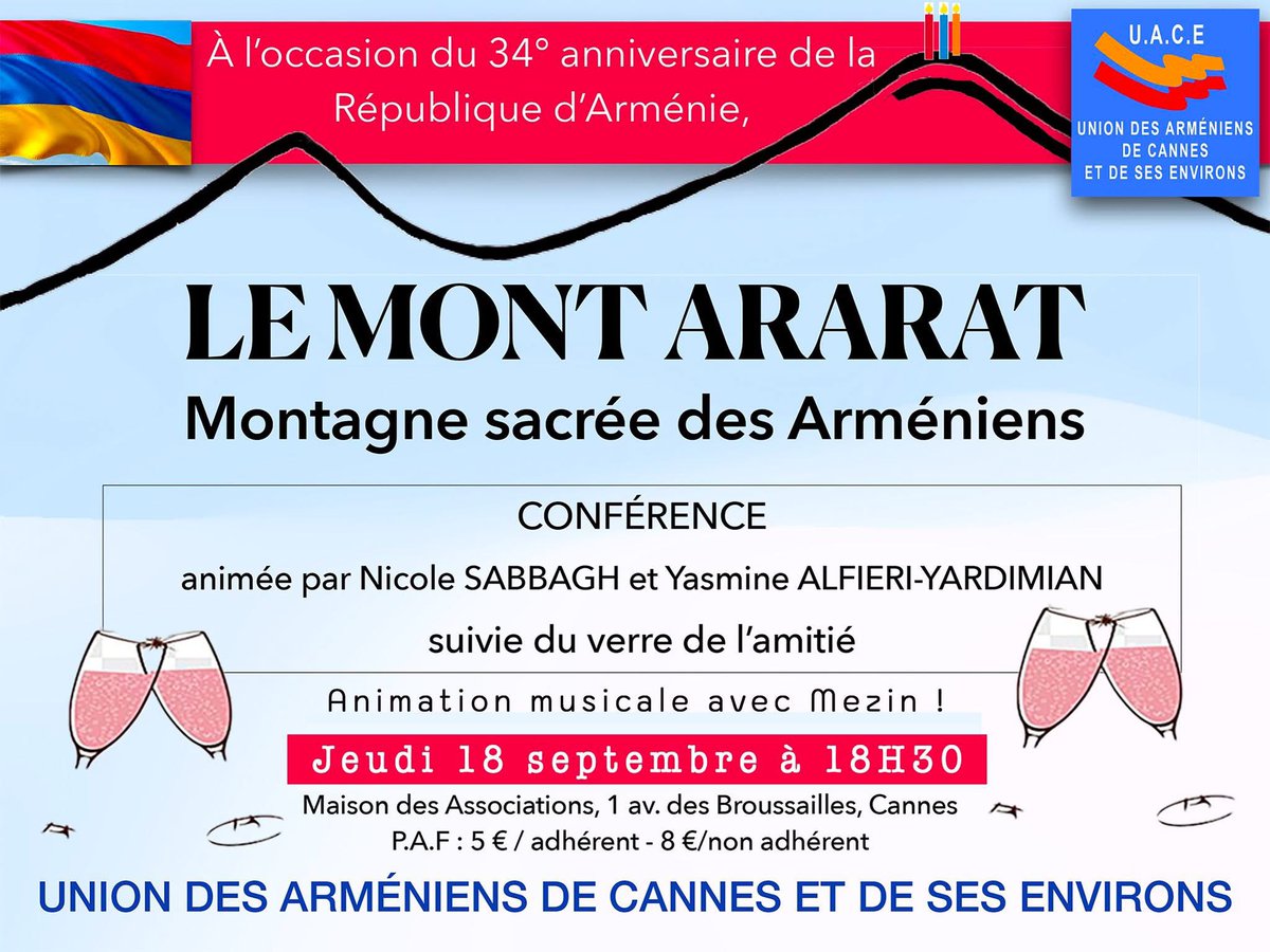 🇦🇲 Afterwork UACE Cannes : 34ème anniversaire République d’Arménie !
🏔️ Conférence Mont Ararat + soirée conviviale
🎵 Mémoire, culture &amp; fraternité
armenopole.com/afterwork-rent…
#Arménie #Cannes #UACE #MontArarat #CultureArménienne #PACA #Fraternité