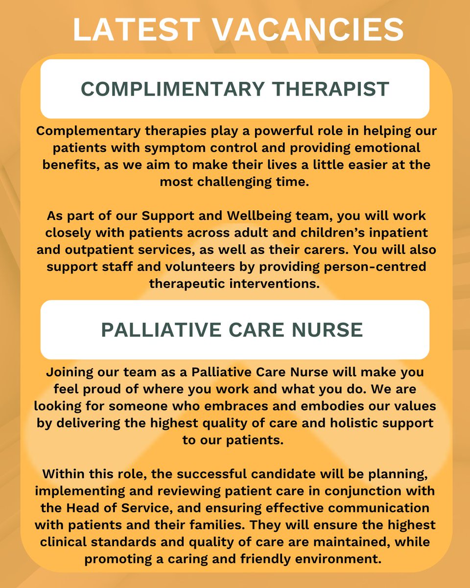 We have a number of opportunities to join our team! Find out more and apply now 👉
standrewshospice.com/Join-Us/Vacanc…