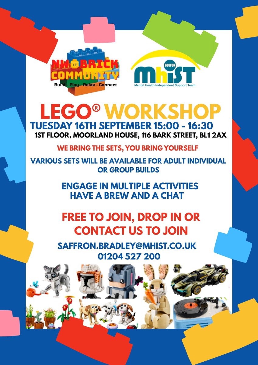🧩 LEGO® Workshop 🧩

📅 Tuesday 16th September | 🕒 3:00 – 4:30pm
📍 MHIST, 1st Floor, Moorland House, 116 Bark Street, Bolton

Build, chat, and enjoy a brew – all for free! Drop in or get in touch to join.
📧 saffron.bradley@mhist.co.uk | 📞 01204 527 200